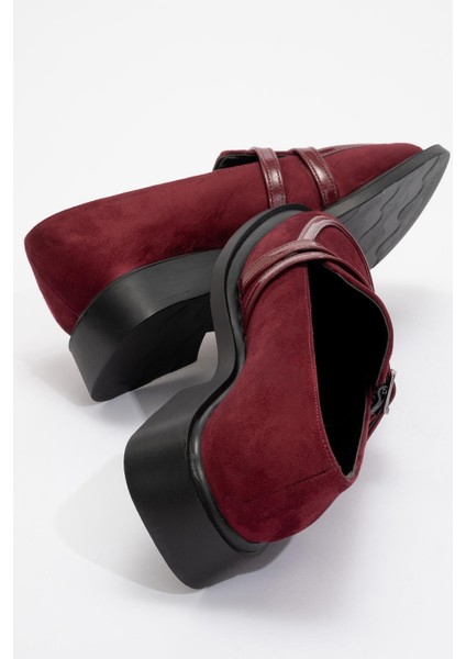 Kadın Tokalı Makosen Ayakkabı Bordo Süet Bordo Rugan