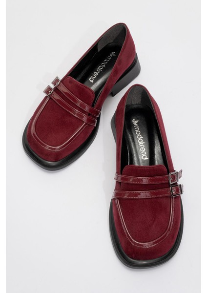 Kadın Tokalı Makosen Ayakkabı Bordo Süet Bordo Rugan