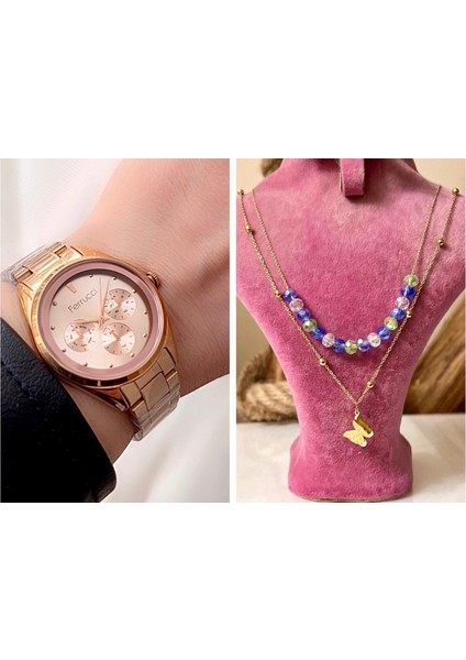 Spor Çelik Kasa Kordon-Kadın Kol SAATI+ Çelik Kolye Hediye Seti