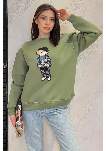 Kadın Bisiklet Yaka Aplikeli Sweatshirt (Aplike Ayılar Farklı Gelebilir)