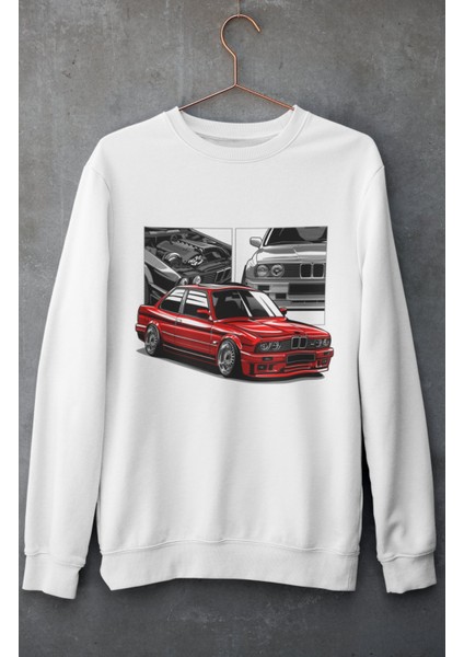 Red Black B M W E30 Baskılı Kapüşonsuz Sweatshirt, Unisex Oversize Araba Temalı Sweat