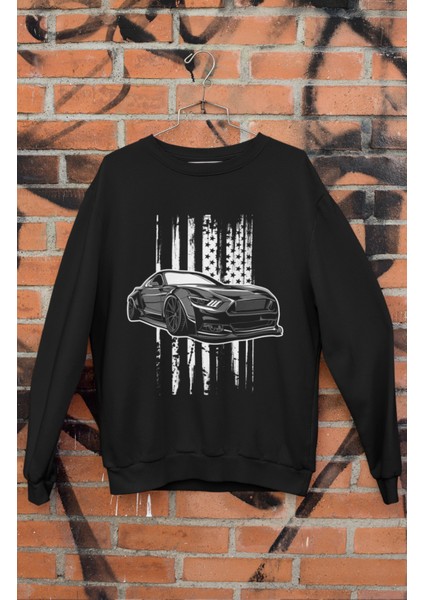 Grey Car Mstng Baskılı Kapüşonsuz Sweatshirt, Unisex Oversize Araba Temalı Sweat