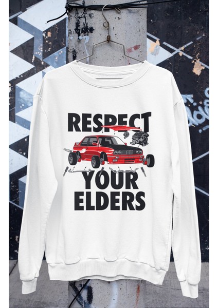 Respect Your Elders Baskılı Kapüşonsuz Sweatshirt, Unisex Oversize Araba Temalı Sweat