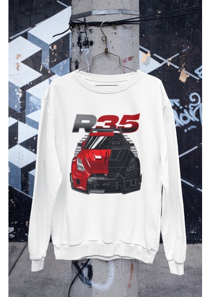 Gt-R R35 Baskılı Kapüşonsuz Sweatshirt, Unisex Oversize Araba Temalı Sweat