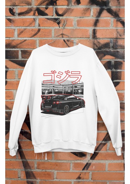 Japan Godzilla Skyline Baskılı Kapüşonsuz Sweatshirt, Unisex Oversize Araba Temalı Sweat