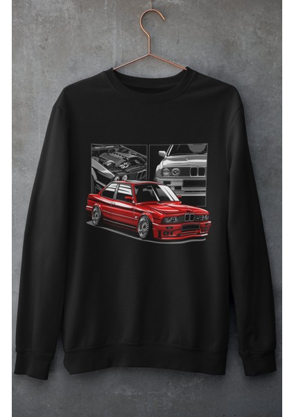 Red Black B M W E30 Baskılı Kapüşonsuz Sweatshirt, Unisex Oversize Araba Temalı Sweat