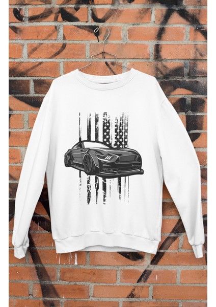 Grey Car Mstng Baskılı Kapüşonsuz Sweatshirt, Unisex Oversize Araba Temalı Sweat