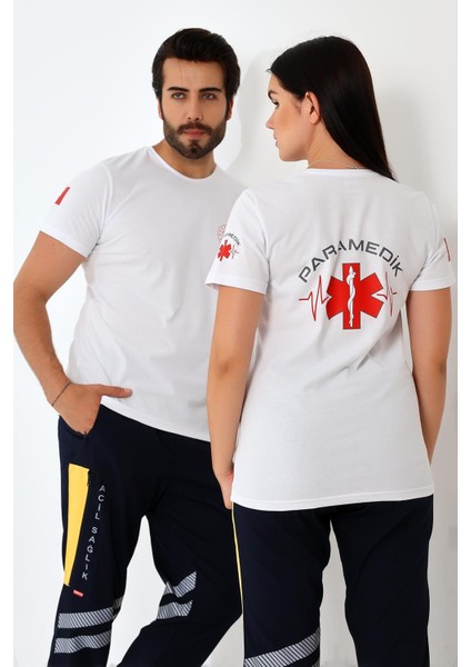 Paramedik Yuvarlak Yaka Penye Kısa Kol Tshirt - Beyaz