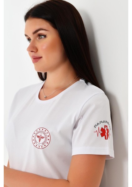 Paramedik Yuvarlak Yaka Penye Kısa Kol Tshirt - Beyaz