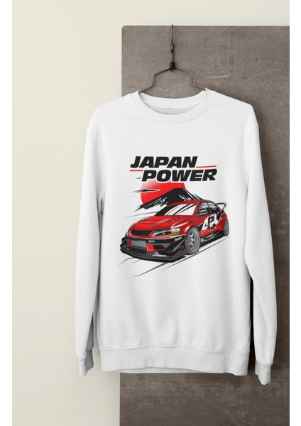 Japan Power Mitsu Evo Baskılı Kapüşonsuz Sweatshirt, Unisex Oversize Araba Temalı Sweat