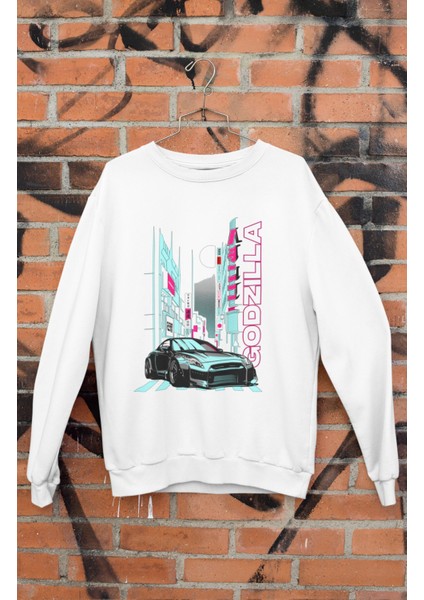 Gt-R Godzilla Baskılı Kapüşonsuz Sweatshirt, Unisex Oversize Araba Temalı Sweat