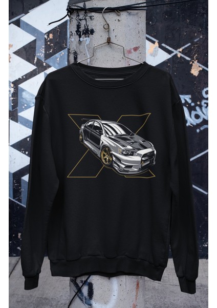Lancer Evo x Baskılı Kapüşonsuz Sweatshirt, Unisex Oversize Araba Temalı Sweat