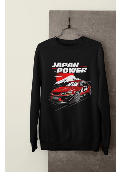 Japan Power Mitsu Evo Baskılı Kapüşonsuz Sweatshirt, Unisex Oversize Araba Temalı Sweat