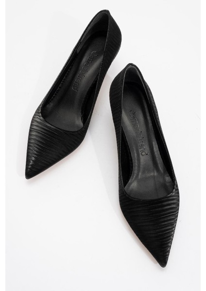 Kadın Sivri Burunlu Stiletto Siyah Kırışık Saten