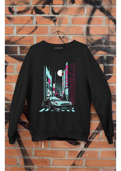Gt-R Godzilla Baskılı Kapüşonsuz Sweatshirt, Unisex Oversize Araba Temalı Sweat
