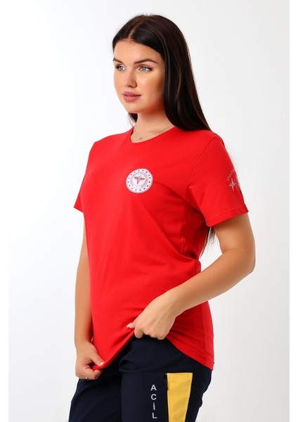Paramedik Yuvarlak Yaka Penye Kısa Kol Tshirt - Kırmızı