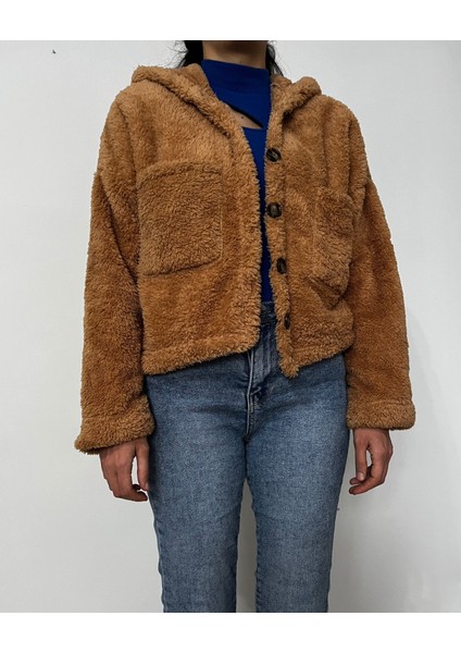 Kadın Önü Düğmeli Kapüşonlu Peluş Ceket modelleri