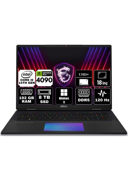 Msı Tıtan 18 Hx Intel Core I9 14900HX 192GB 8tb SSD RTX4090/16GB Windows 11 Pro 18" Uhd+ Taşınabilir Bilgisayar A14VIG-A3