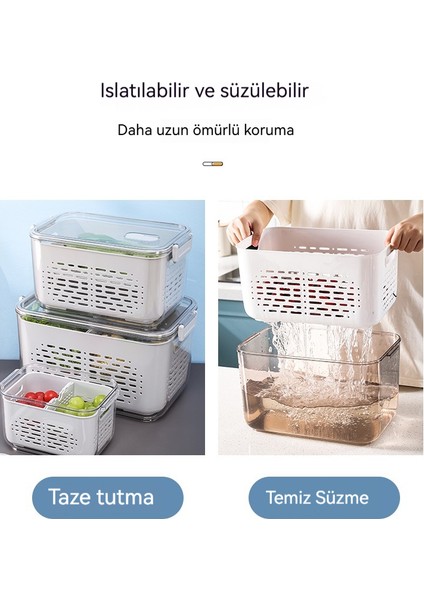 Büyük Kapasiteli Depolama Konteyneri Buzdolabı Taze Koruma Depolama Kutusu Çift Katmanlı Drenaj Sepeti Kapaklı Meyve ve Sebze Yıkama (Yurt Dışından)