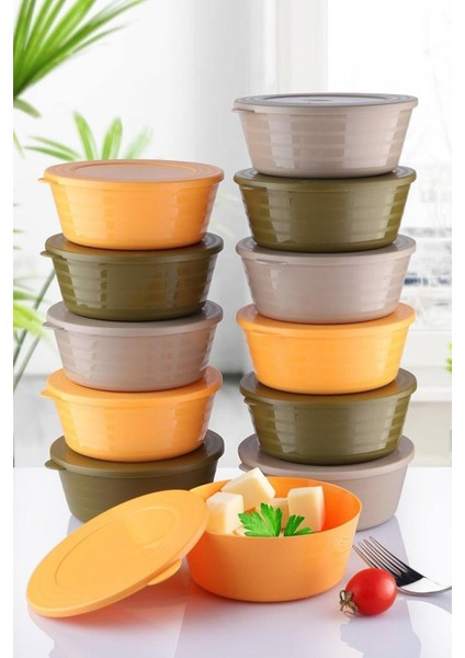 12LI Saklama Kabı Seti Yuvarlak Kapaklı Renkli Kase Sızdırmaz Kap Tazelik Koruyan Koku Sızdırmaz Kap