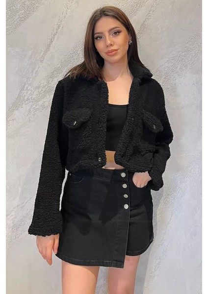 Kadın Astarlı Peluş Crop Top Ceket