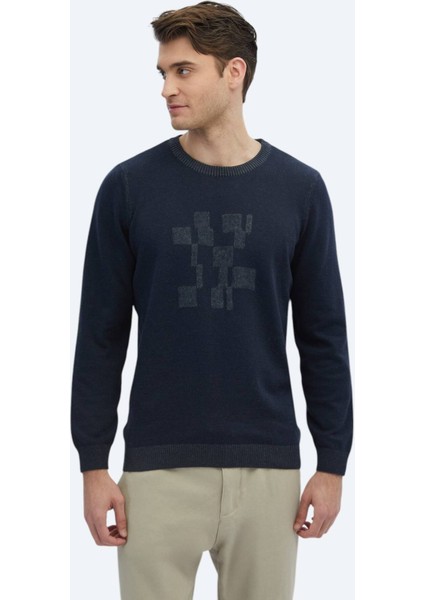 Lacivert Bisiklet Yaka Desenli Pamuk Karışımlı Triko Kazak modelleri