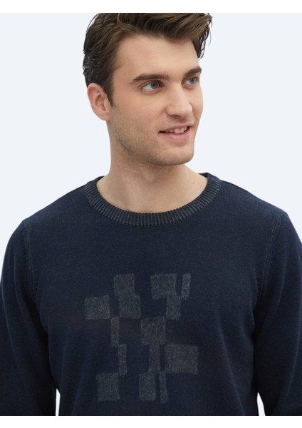Lacivert Bisiklet Yaka Desenli Pamuk Karışımlı Triko Kazak fırsatları