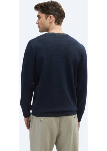 Lacivert Bisiklet Yaka Desenli Pamuk Karışımlı Triko Kazak indirimleri