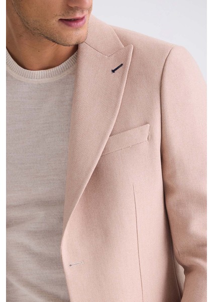 Bej Slim Fit Sivri Yaka Erkek Ceket