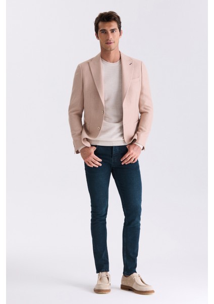Bej Slim Fit Sivri Yaka Erkek Ceket