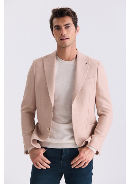 Bej Slim Fit Sivri Yaka Erkek Ceket