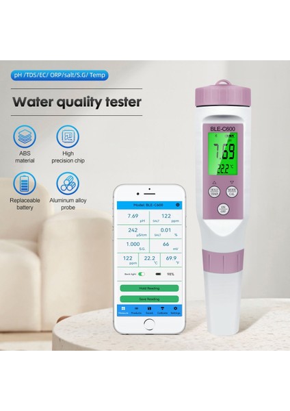 Dijital Bluetooth 7'si 1 Arada Ph Metre Ec Orp Sg Tuz Sıcaklık Ölçüm Cihazı