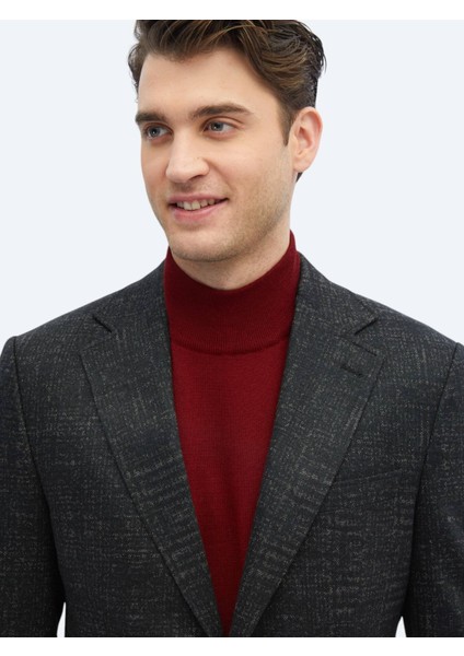 Siyah Desenli Comfort Fit Yün Karışımlı Örme Ceket