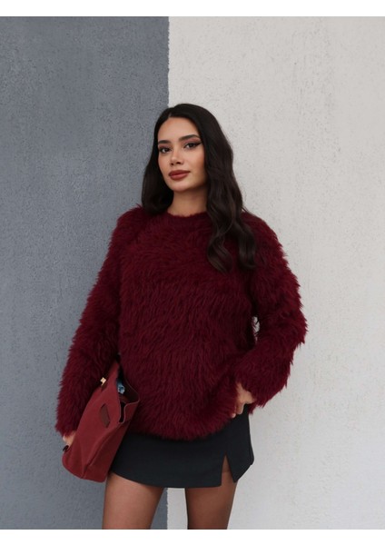 Bordo Oversize Peluş Kazak