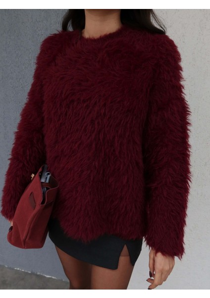 Bordo Oversize Peluş Kazak