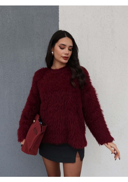 Bordo Oversize Peluş Kazak