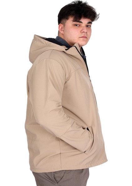 Mode Xl Büyük Beden Erkek Kapüşonlu Mont Waterproof Softshell 21235 Bej
