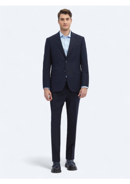 Lacivert Düz Modern Fit Yün Karışımlı Takım Elbise