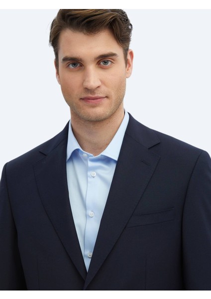 Lacivert Düz Modern Fit Yün Karışımlı Takım Elbise