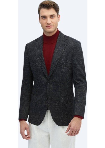 Siyah Desenli Comfort Fit Yün Karışımlı Örme Ceket
