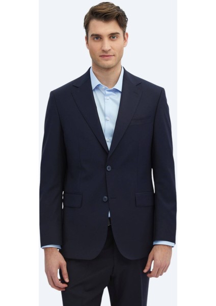 Lacivert Düz Modern Fit Yün Karışımlı Takım Elbise
