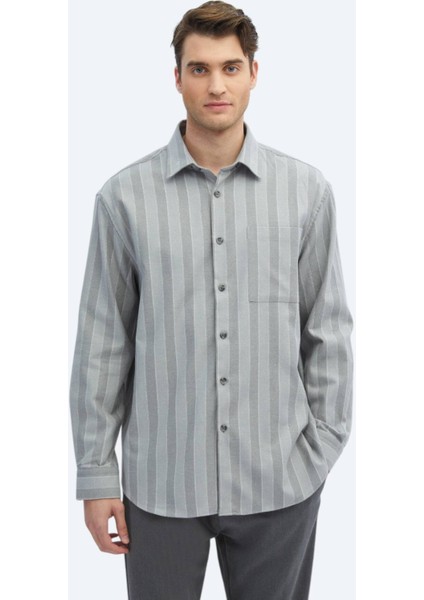 Gri Çizgili Oversize Fit Dokuma Casual Pamuk Karışımlı Gömlek