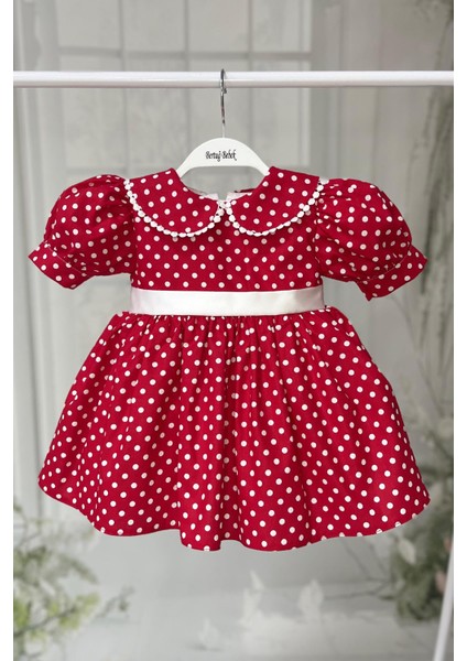 Bebe Yaka Dantelli Kız Çocuk Bebek Puantiyeli Pamuklu Kırmızı Minnie Elbise