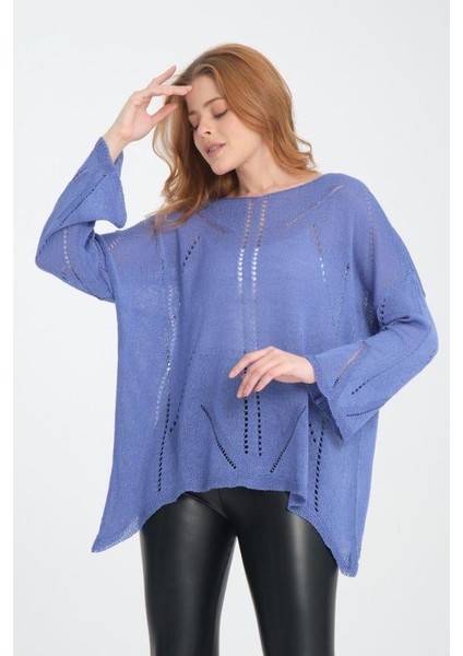 3417 Kayık Yaka Asimetrik Kazak Indigo