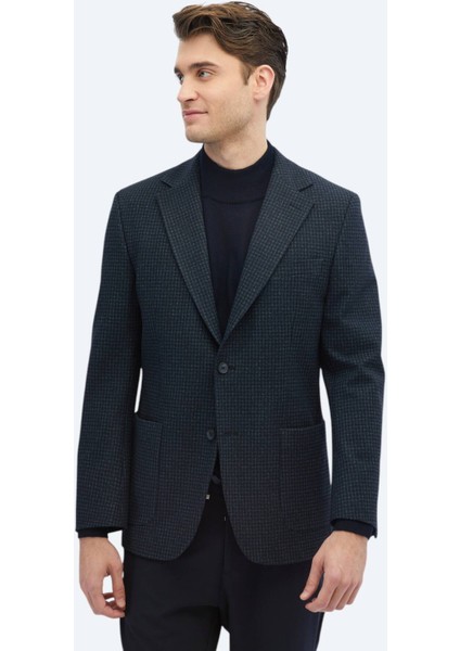 Lacivert Desenli Modern Fit Örme Ceket