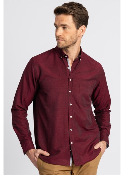 Classic Fit Bol Kesim Poplin Oxford Çiçek Garnili Uzun Kol Gömlek