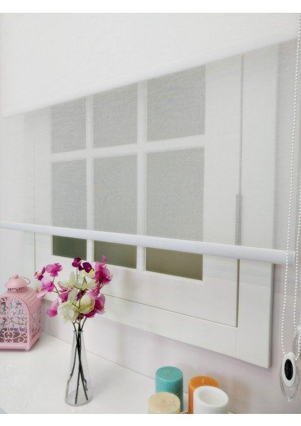 Çiftli Sistem Yeni Beyaz Keten Tül + Stor