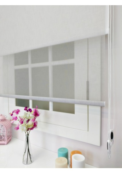 Çiftli Sistem Yeni Gri Keten Tül + Stor