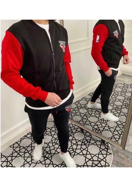 Büyük Beden Özel Tasarım Kolej Yaka Tam Fermuarlı Bulls Baskılı Battal Trend Erkek Eşofman Takımı