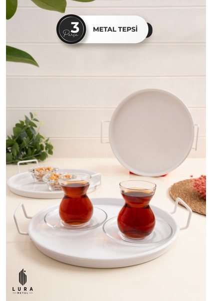 3\'lü Vera Beyaz Metal Çay ve Kahve Sunum Tepsisi Seti - 25 cm Minimalist ve Şık Tasarım